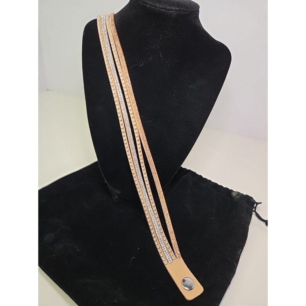 Yik Fung Choker Necklaces 14" To 16" Tan Vegan Leather W Rhinestones & Silver